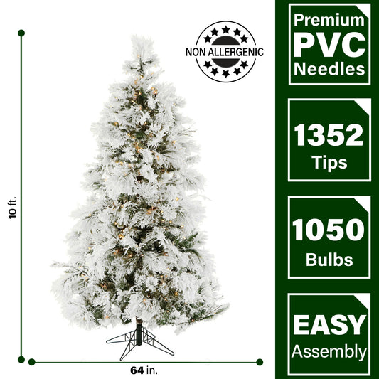 Fraser Hill Farm -  10-Ft. Flocked Snowy Pine Christmas Tree with Smart String Lighting
