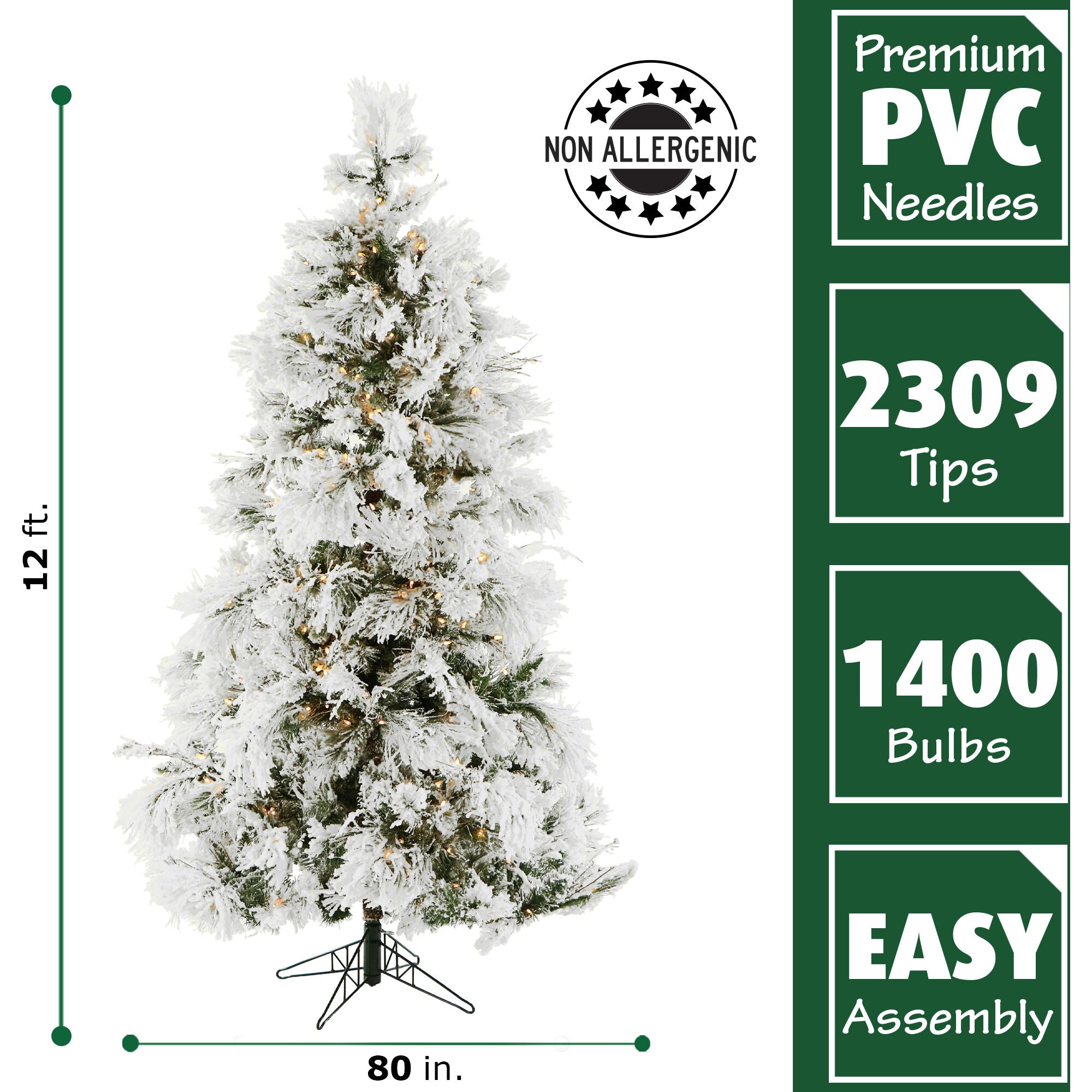 Fraser Hill Farm -  12-Ft. Flocked Snowy Pine Christmas Tree with Warm White LED String Lighting