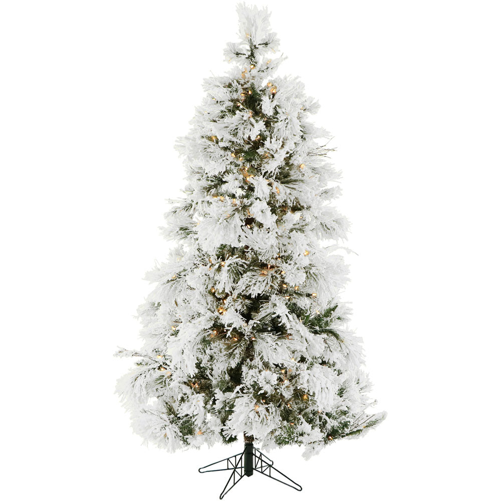 Fraser Hill Farm -  6.5-Ft. Flocked Snowy Pine Christmas Tree with Warm White LED String Lighting