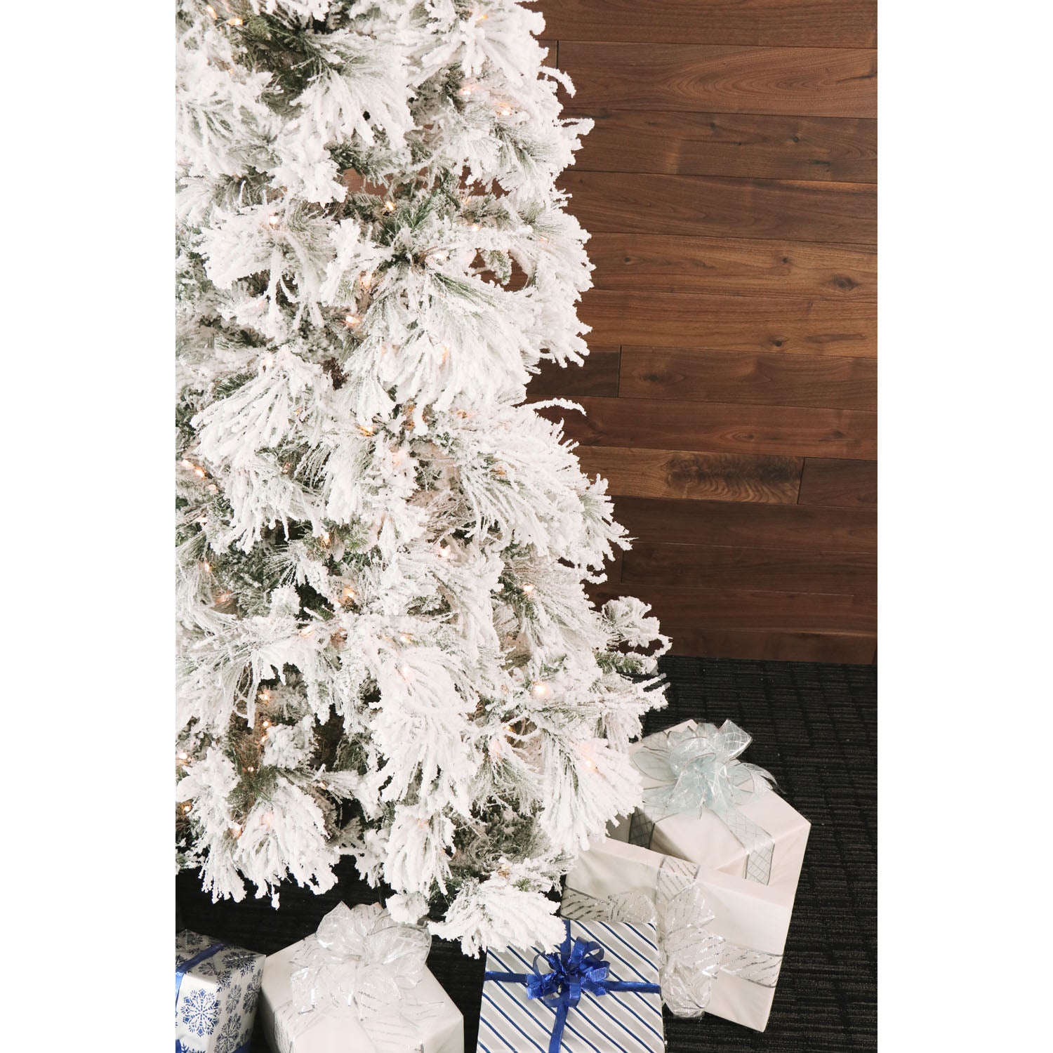 Fraser Hill Farm -  7.5-Ft. Flocked Snowy Pine Christmas Tree with Warm White LED Lighting