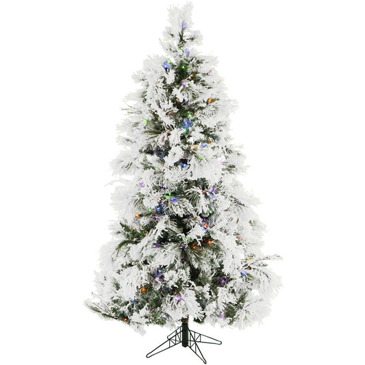 Fraser Hill Farm -  7.5-Ft. Flocked Snowy Pine Christmas Tree with Multi-Color LED String Lighting