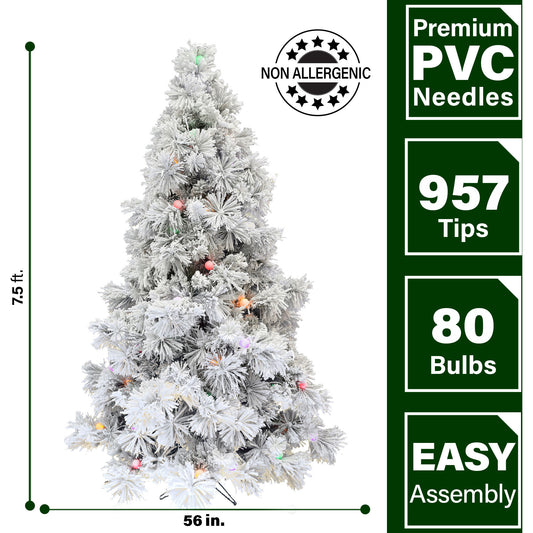 Fraser Hill Farm -  7.5-Ft. Flocked Snowy Pine Christmas Tree with Colorful G40 LED Light Bulbs