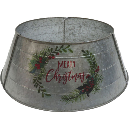 Fraser Hill Farm -  Metal Christmas Tree Collar with Merry Christmas Greeting and Galvanized Finish