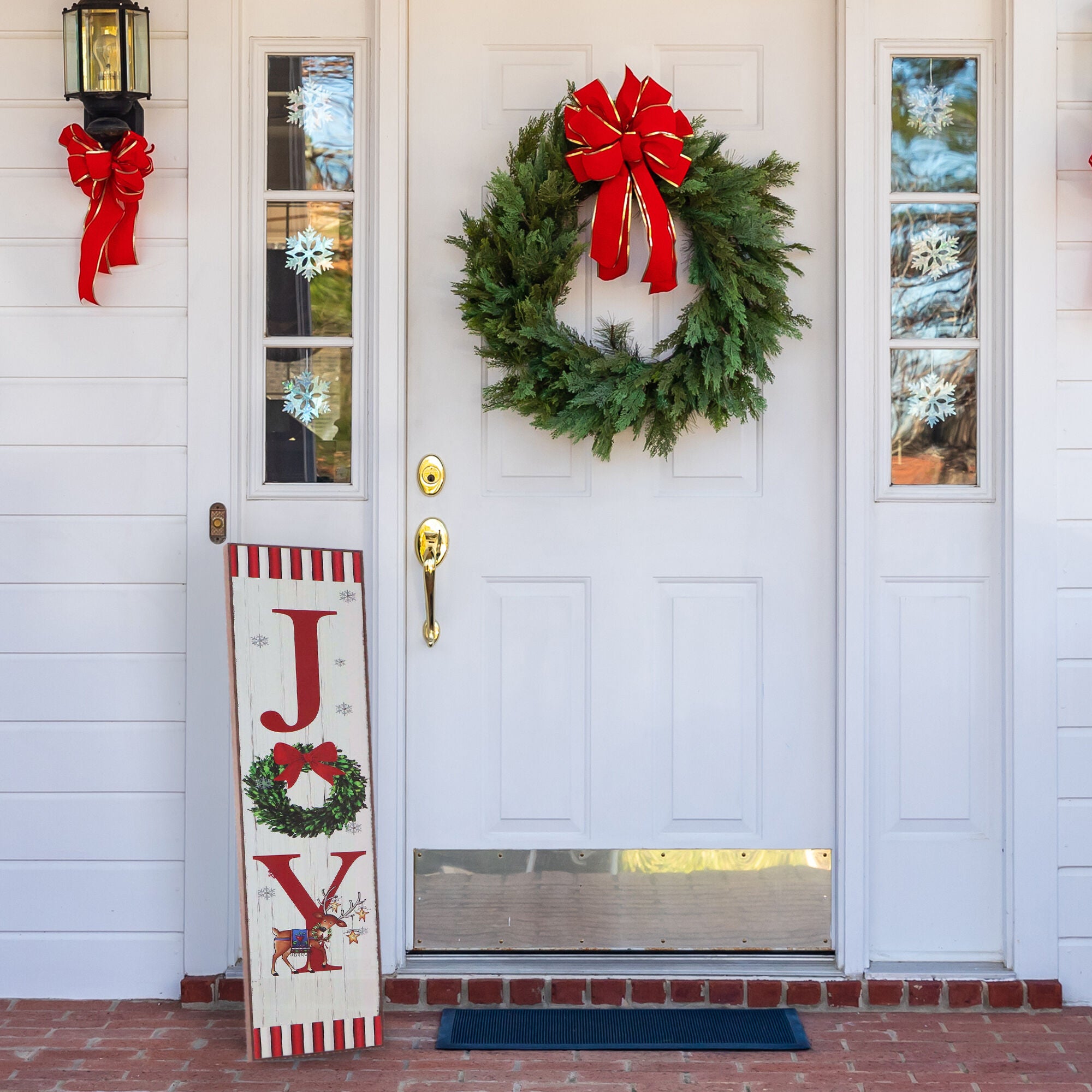 Fraser Hill Farm -  45-In. JOY Wreath and Reindeer Porch Leaner Sign with Battery-Operated LED Lights, Festive Christmas Decoration