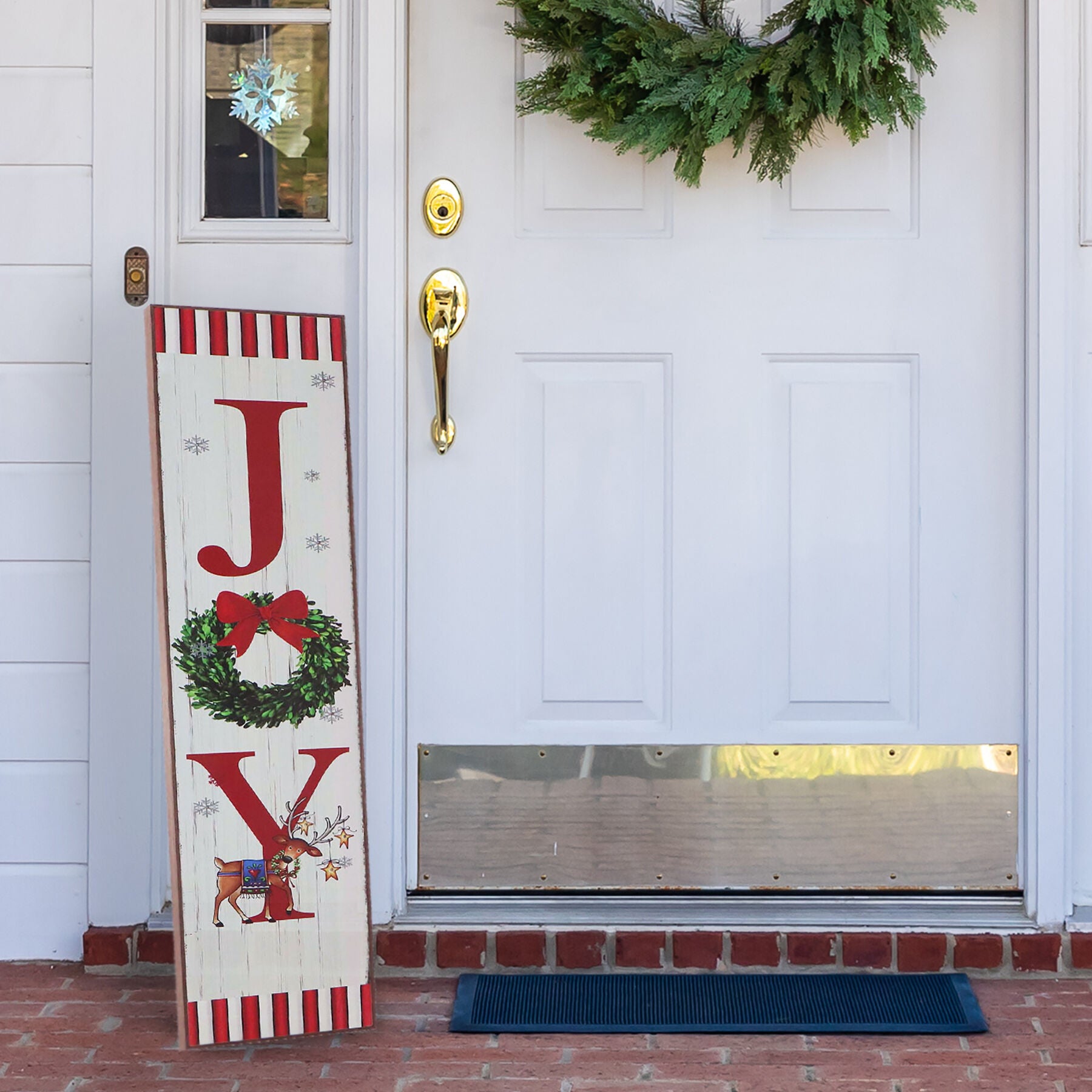 Fraser Hill Farm -  45-In. JOY Wreath and Reindeer Porch Leaner Sign with Battery-Operated LED Lights, Festive Christmas Decoration