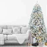 Fraser Hill Farm -  7.5-Ft. Flocked Winter Snow Pine Christmas Tree with Warm White LED Lighting