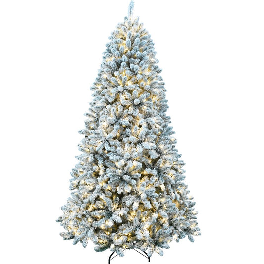 Fraser Hill Farm -  9-Ft. Flocked Winter Snow Pine Christmas Tree with Warm White LED Lighting