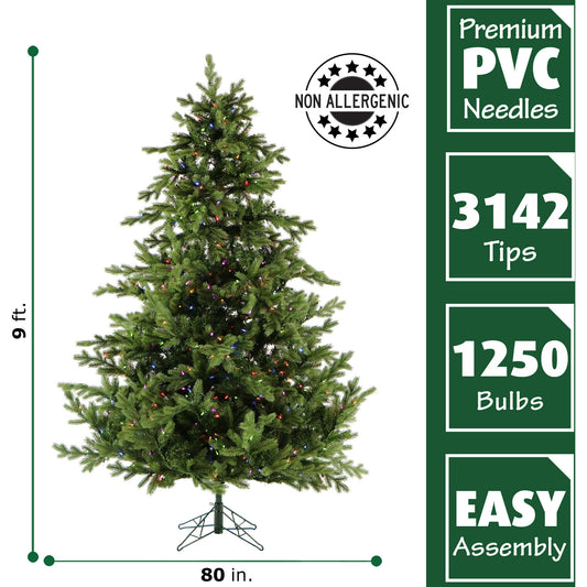 Fraser Hill Farm -  9-Ft. Woodside Pine Christmas Tree with Multi-Color LED Lighting, EZ Connect, and Remote Control