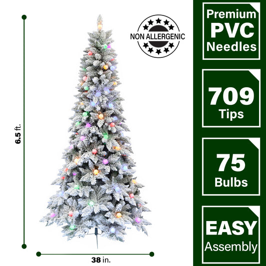 Fraser Hill Farm -  6.5-Ft. Slim White Tail Pine Snow-Flocked Christmas Tree with Colorful G40 Bulbs