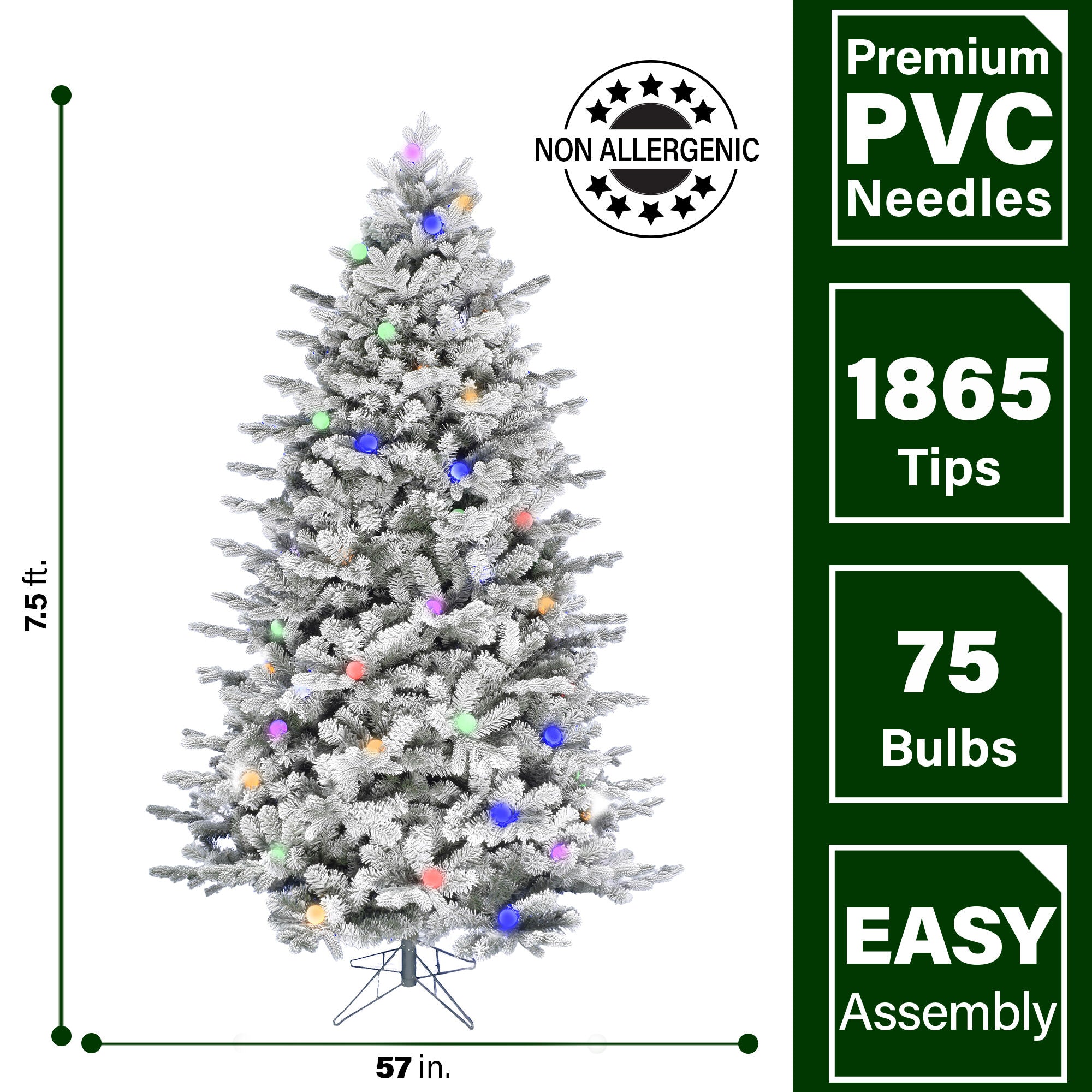 Fraser Hill Farm -  7.5-Ft. Full White Tail Pine Snow-Flocked Christmas Tree with Colorful G40 Bulbs