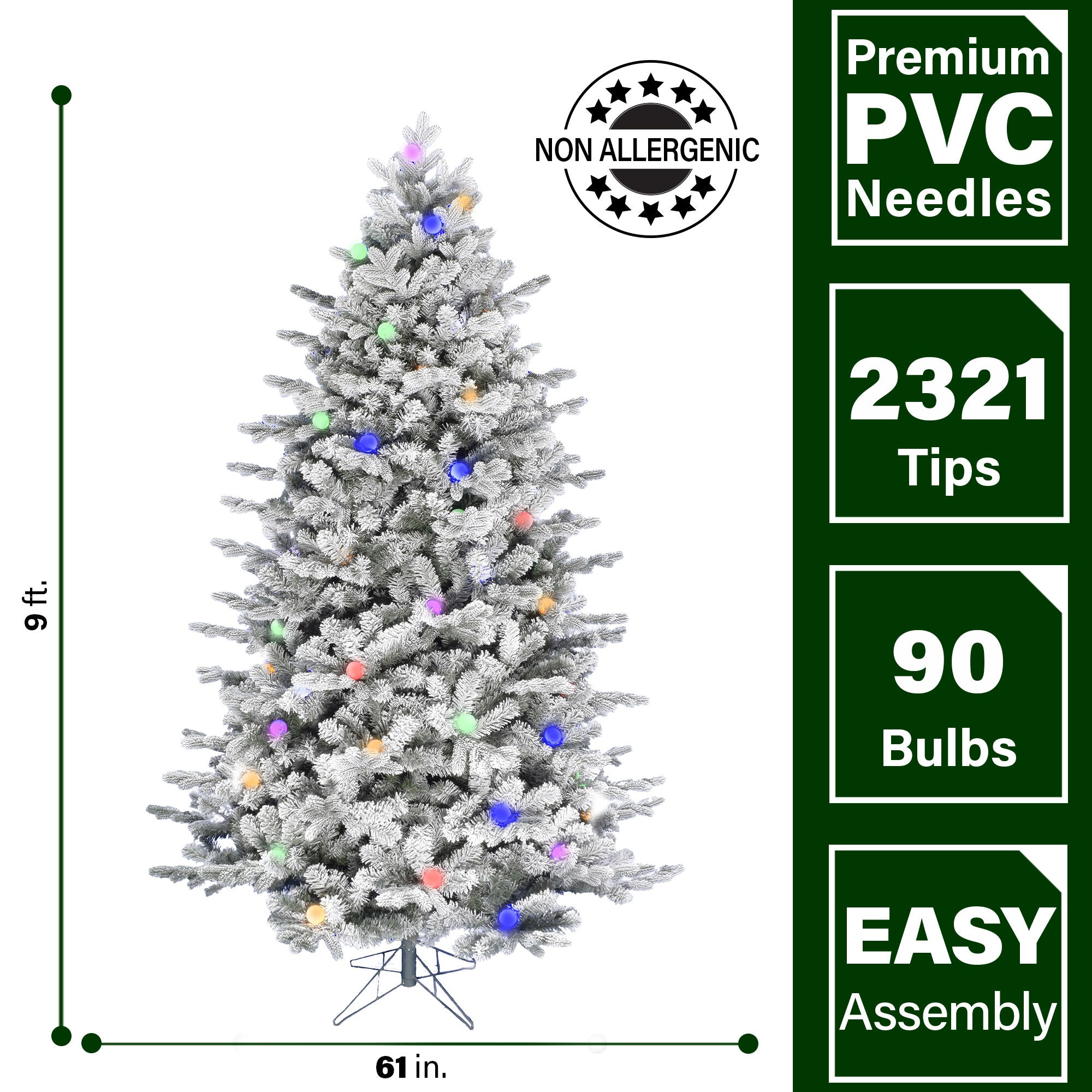 Fraser Hill Farm -  9-Ft. Full White Tail Pine Snow-Flocked Christmas Tree with Colorful G40 Bulbs