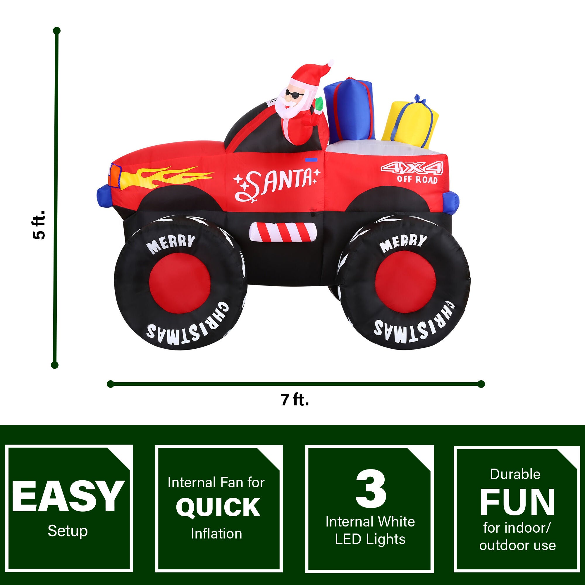 Fraser Hill Farm -  7-Ft. Wide Pre-Lit Inflatable Santa in Monster Truck