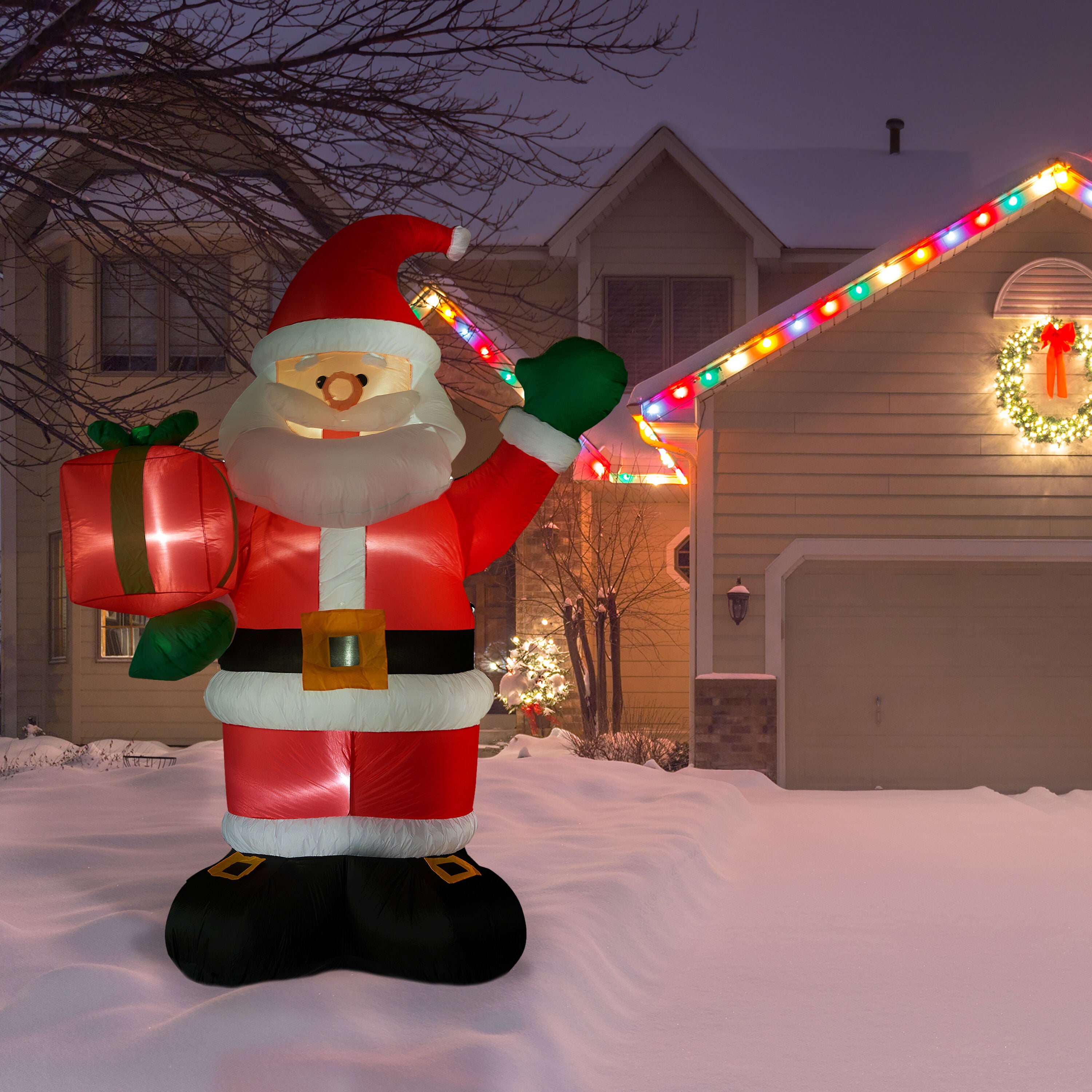 Fraser Hill Farm -  10-Ft. Tall Santa Claus Holding Gift, Outdoor Blow-Up Christmas Inflatable with Lights and Storage Bag