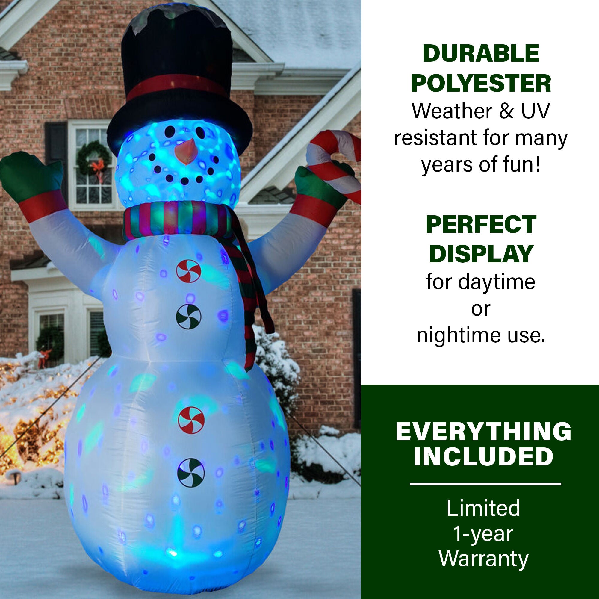Fraser Hill Farm -  8-Ft. Pre-Lit Multi-Color inflatable Snowman with Peppermint Buttons and Candy Cane