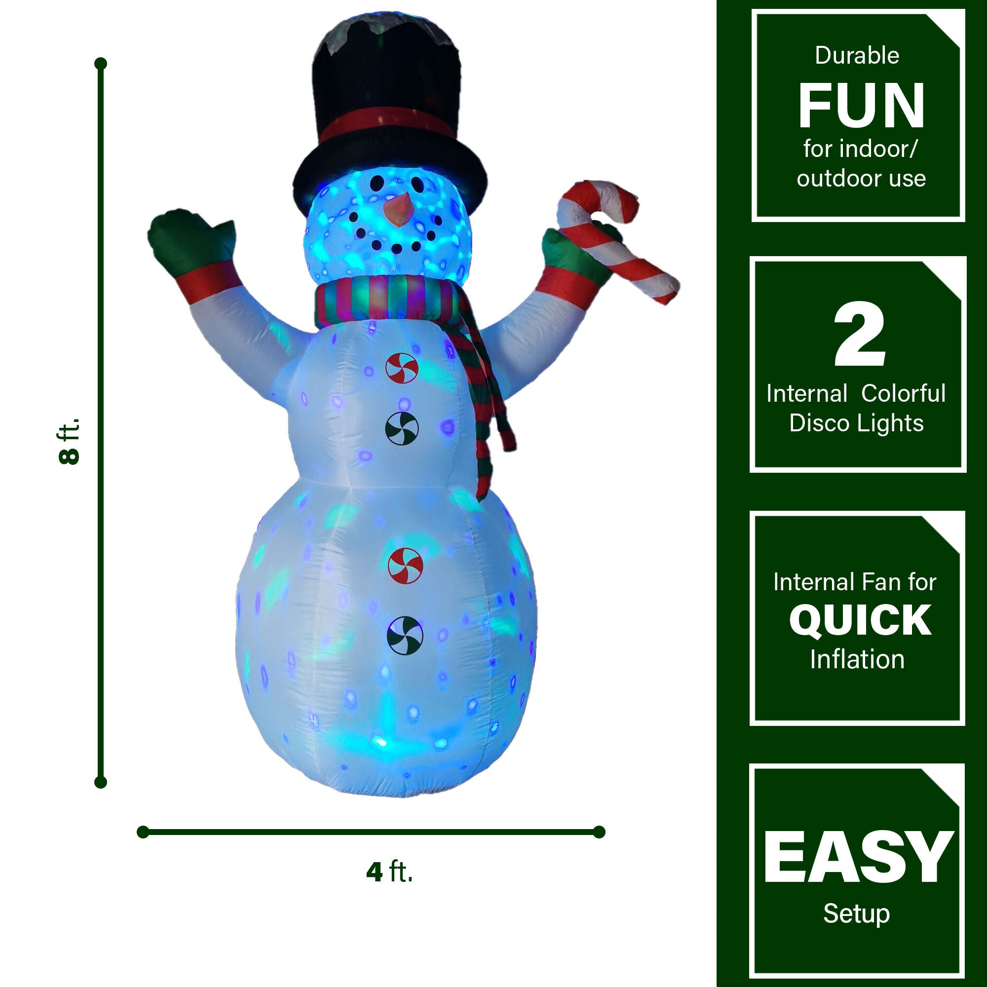 Fraser Hill Farm -  8-Ft. Pre-Lit Multi-Color inflatable Snowman with Peppermint Buttons and Candy Cane