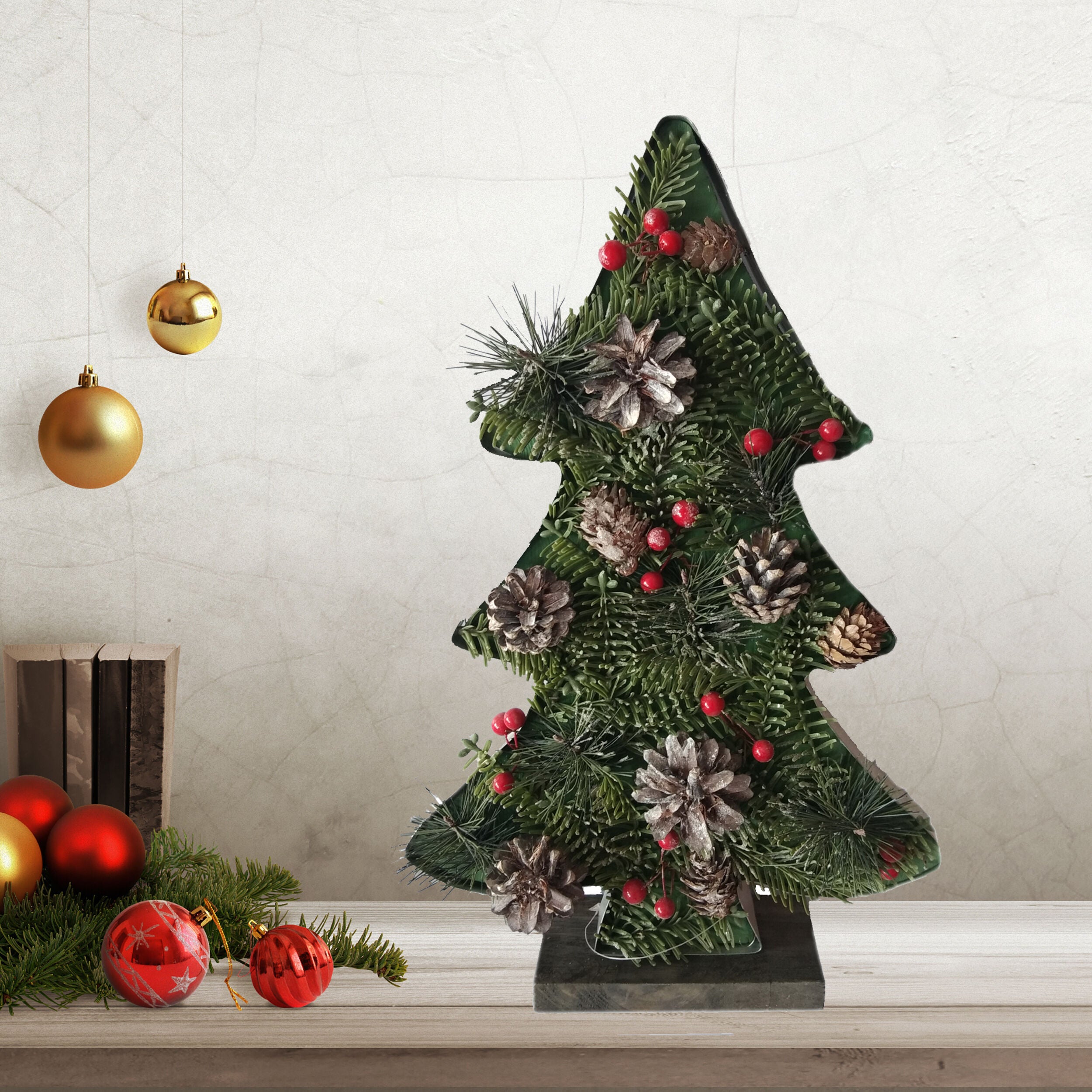 Fraser Hill Farm -  20-In. Tall Tree-Shaped Metal Frame with Pinecones and Berries, Festive Indoor Christmas Decoration