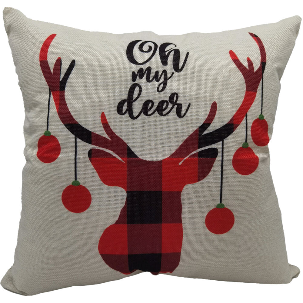 Fraser Hill Farm -  15.5-In. Oh My Deer Accent Pillow, Indoor Christmas Decoration, Buffalo Plaid Reindeer