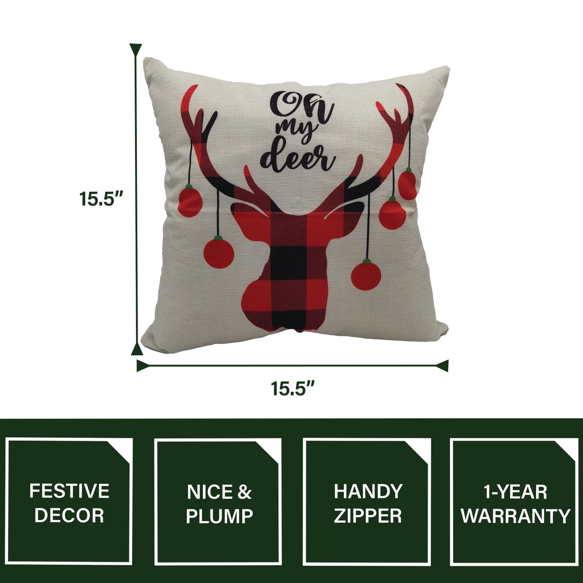 Fraser Hill Farm -  15.5-In. Oh My Deer Accent Pillow, Indoor Christmas Decoration, Buffalo Plaid Reindeer
