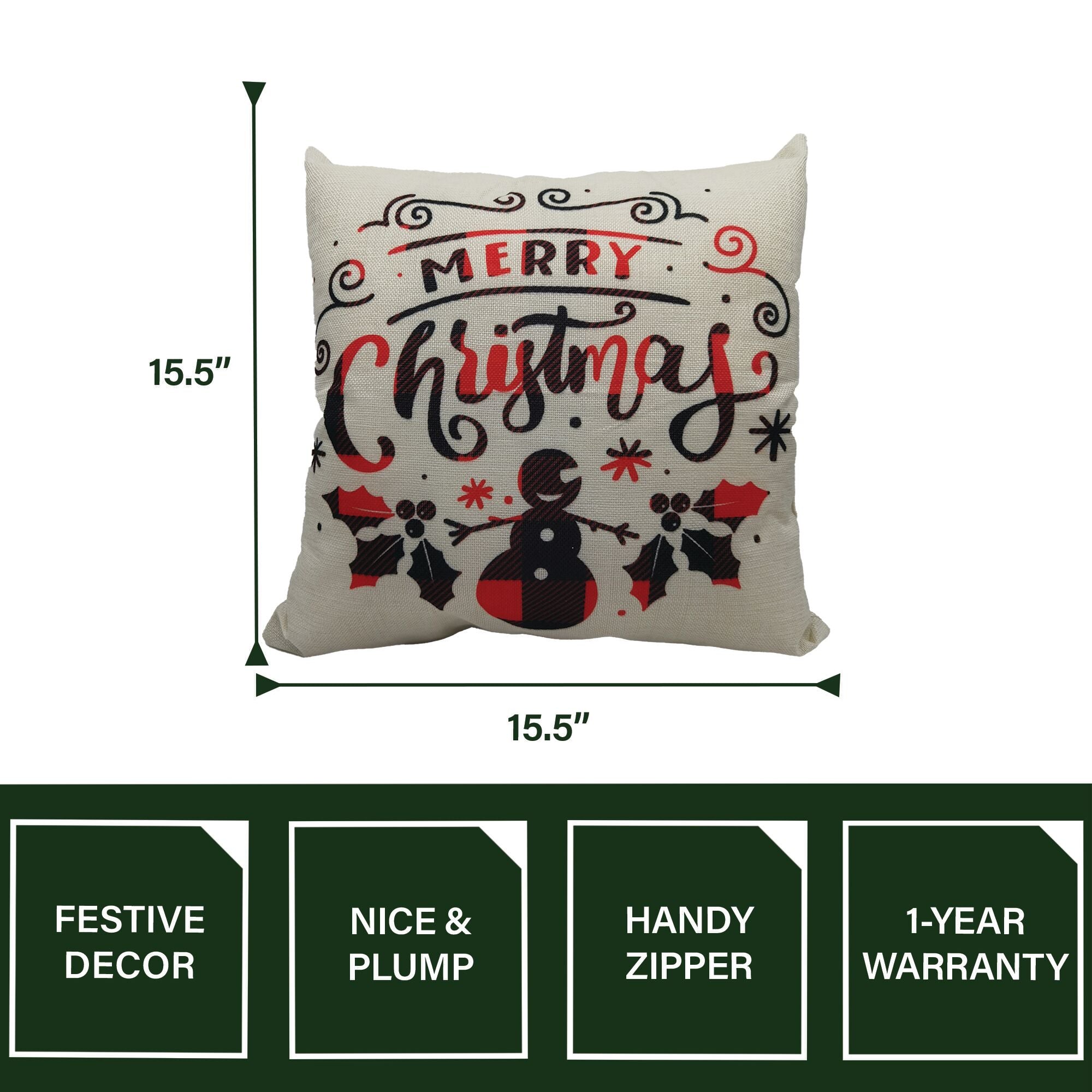 Fraser Hill Farm -  15.5-In. Merry Christmas Accent Pillow, Indoor Holiday Decoration, Buffalo Plaid Snowman