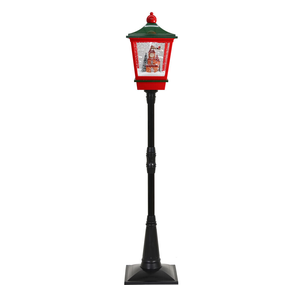 Fraser Hill Farm -  Let It Snow Series 6-Ft. Musical Street Lamp with Sleigh-Flying Santa, Cascading Snow, and Christmas Carols, Black/Red/Green
