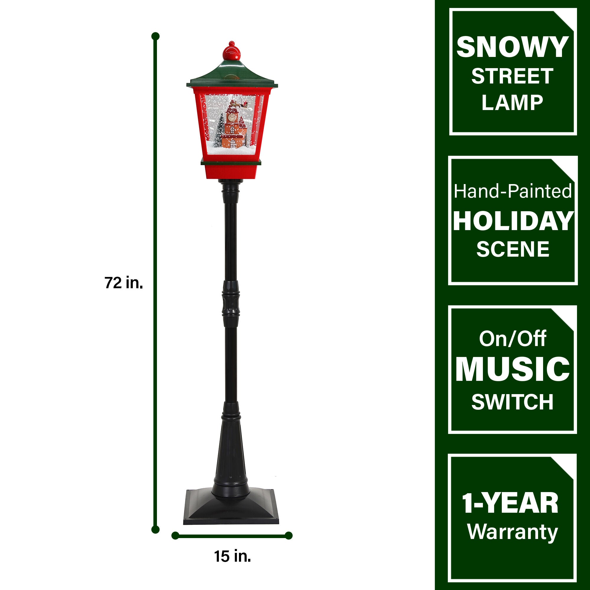 Fraser Hill Farm -  Let It Snow Series 6-Ft. Musical Street Lamp with Sleigh-Flying Santa, Cascading Snow, and Christmas Carols, Black/Red/Green