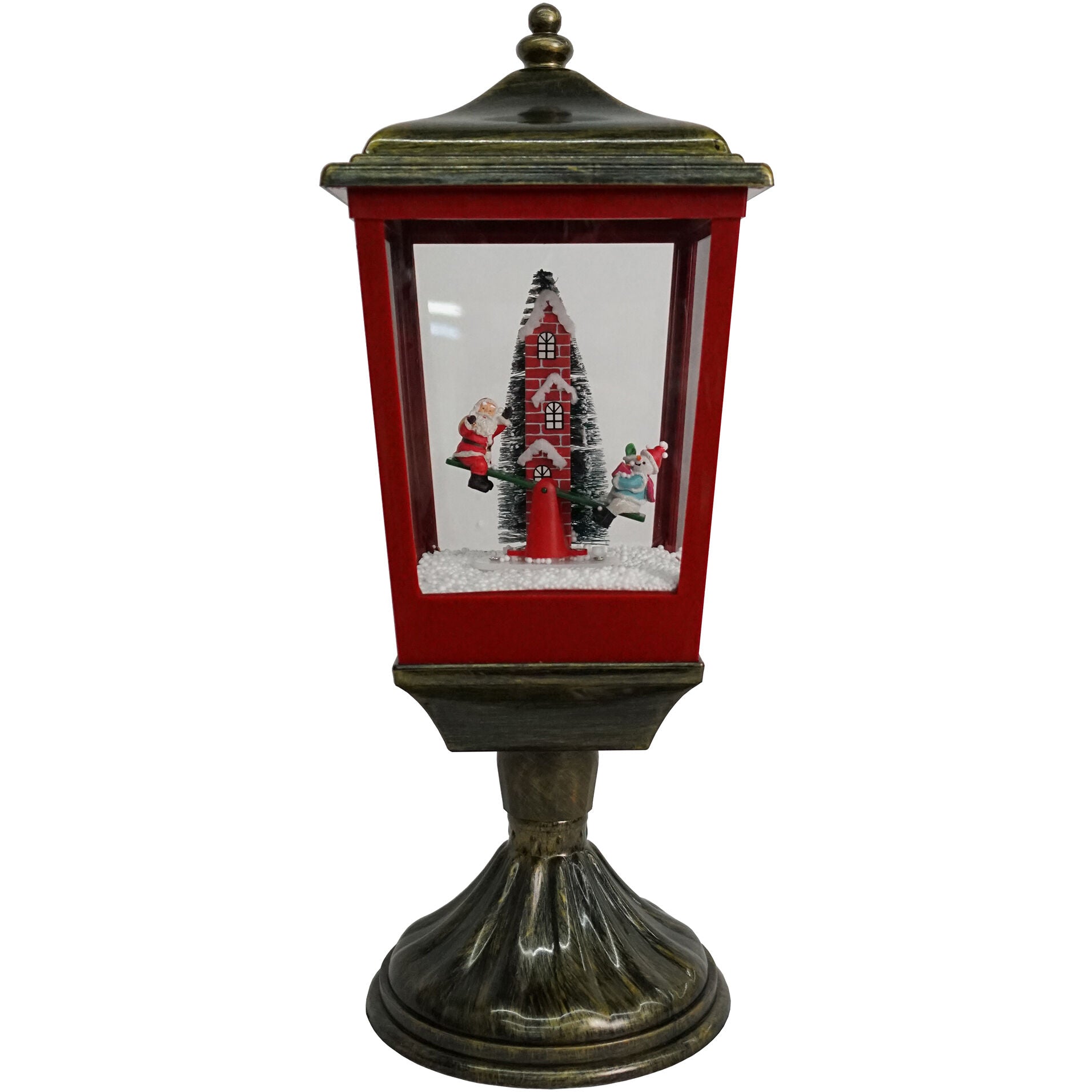 Fraser Hill Farm -  Let It Snow Series 20.5-In. Musical Tabletop Lamp with Seesaw Santa, Cascading Snow, and Christmas Carols, Bronze/Red