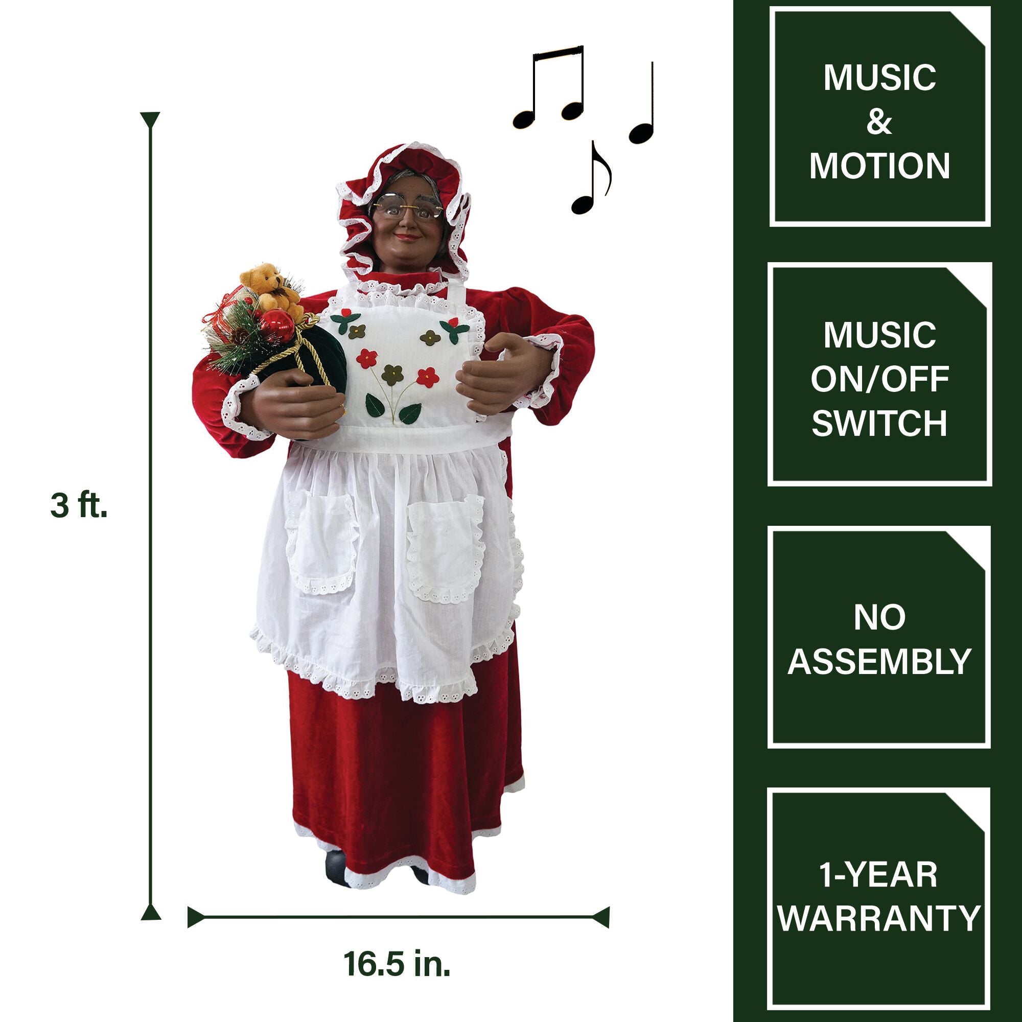 Fraser Hill Farm -  3-Ft. Music and Motion African American Mrs. Claus with Baking Apron, Christmas Animatronic