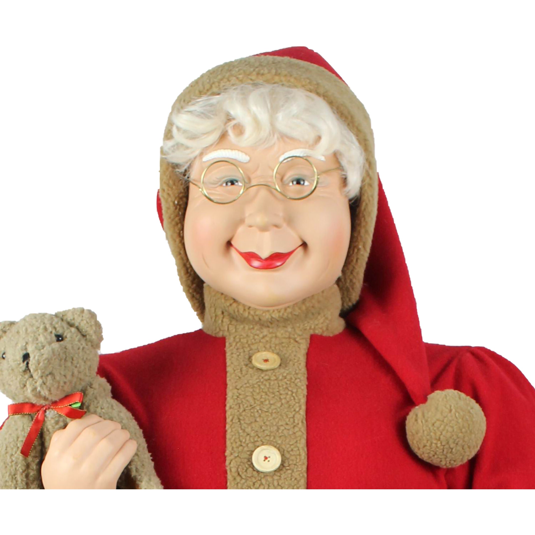 Fraser Hill Farm -  Life-Size Indoor Christmas Decoration, 5-Ft. Standing Mrs. Claus Holding Bear & Basket Wearing Red Plush Dress w/ Sherpa Trim
