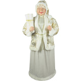 Fraser Hill Farm -  Life-Size Indoor Christmas Decoration, 5-Ft. Standing Mrs. Claus Holding a Gift & Wearing a Gold Brocade Jacket w/ Fur Trim
