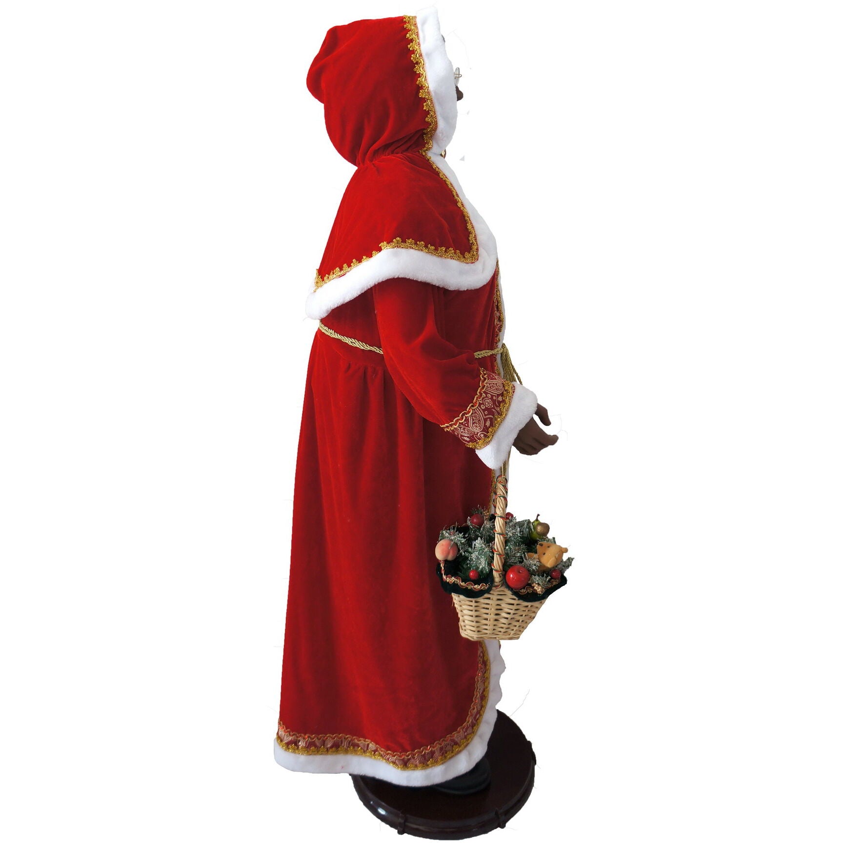 Fraser Hill Farm -  58-In. African American Dancing Mrs. Claus with Hooded Cloak and Basket, Life-Size Motion-Activated Christmas Animatronic