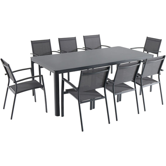 Hanover - Fresno 7-Piece Outdoor Dining Set With 8 Aluminum Sling Chairs, 82x43" Glass Top Table - Glass/Gray - FRESDN9PC-GRY