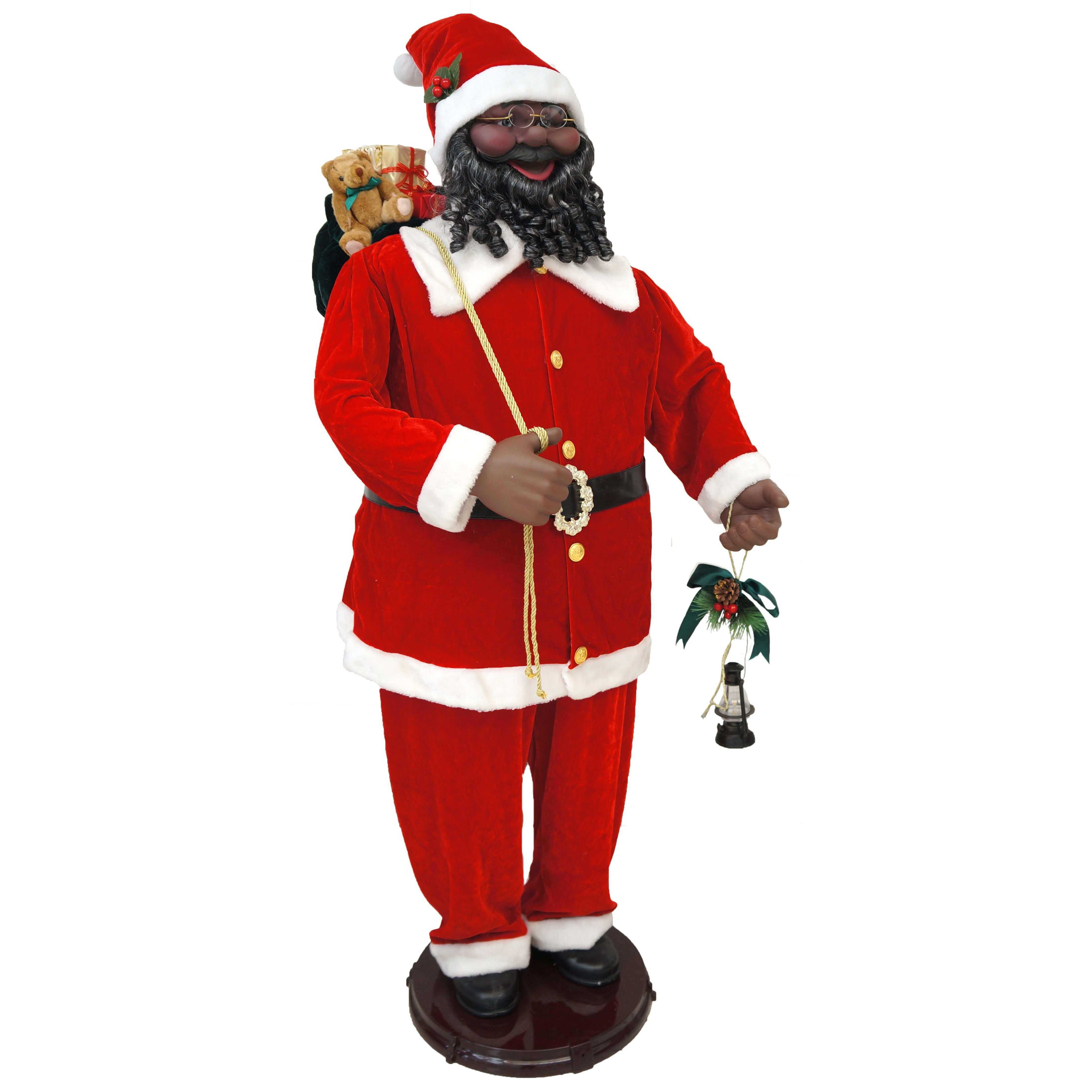 Fraser Hill Farm -  58-In. African American Dancing Santa with Toy Sack and Faux Lantern, Life-Size Motion-Activated Christmas Animatronic