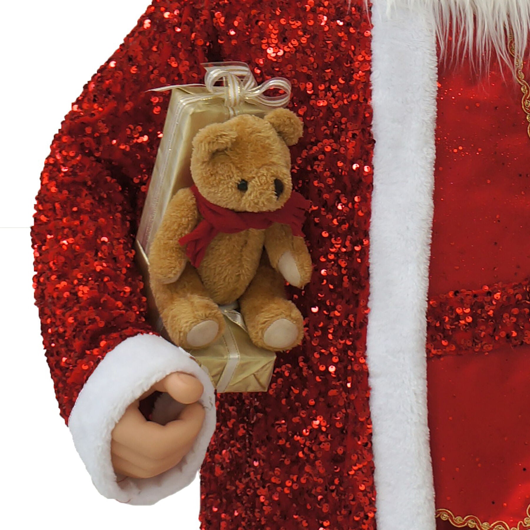Fraser Hill Farm -  58-In. Dancing Santa in Red Sequin Suit with Teddy Bear and Wrapped Gifts, Life-Size Motion-Activated Christmas Animatronic