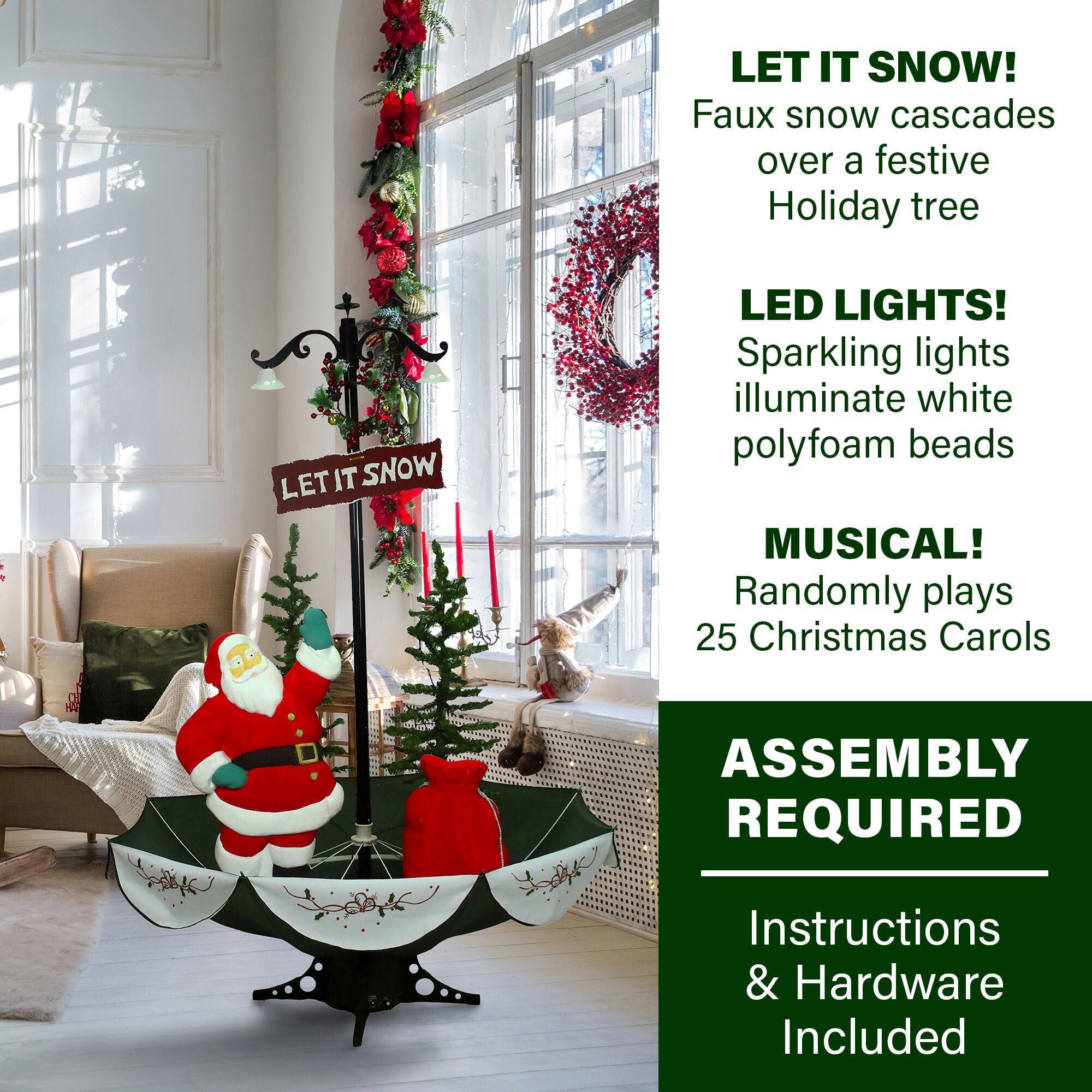 Fraser Hill Farm -  Let It Snow Series 47-In. Musical Santa Scene with Green Umbrella Base, Snow Function, and Lights