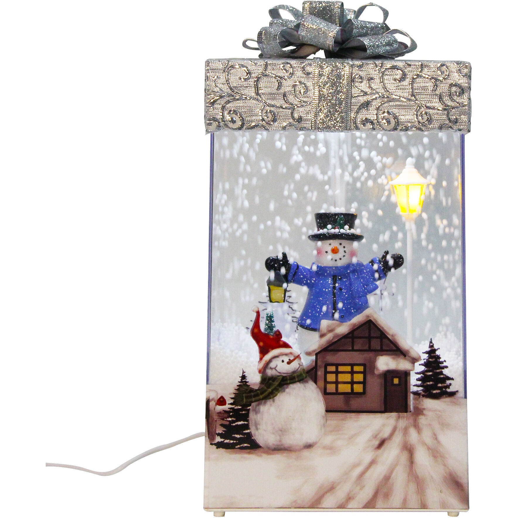 Fraser Hill Farm -  Let It Snow Series 12-In. Christmas Gift Shadowbox with Snowman and Silver Bow, Animated Musical Snow Decoration