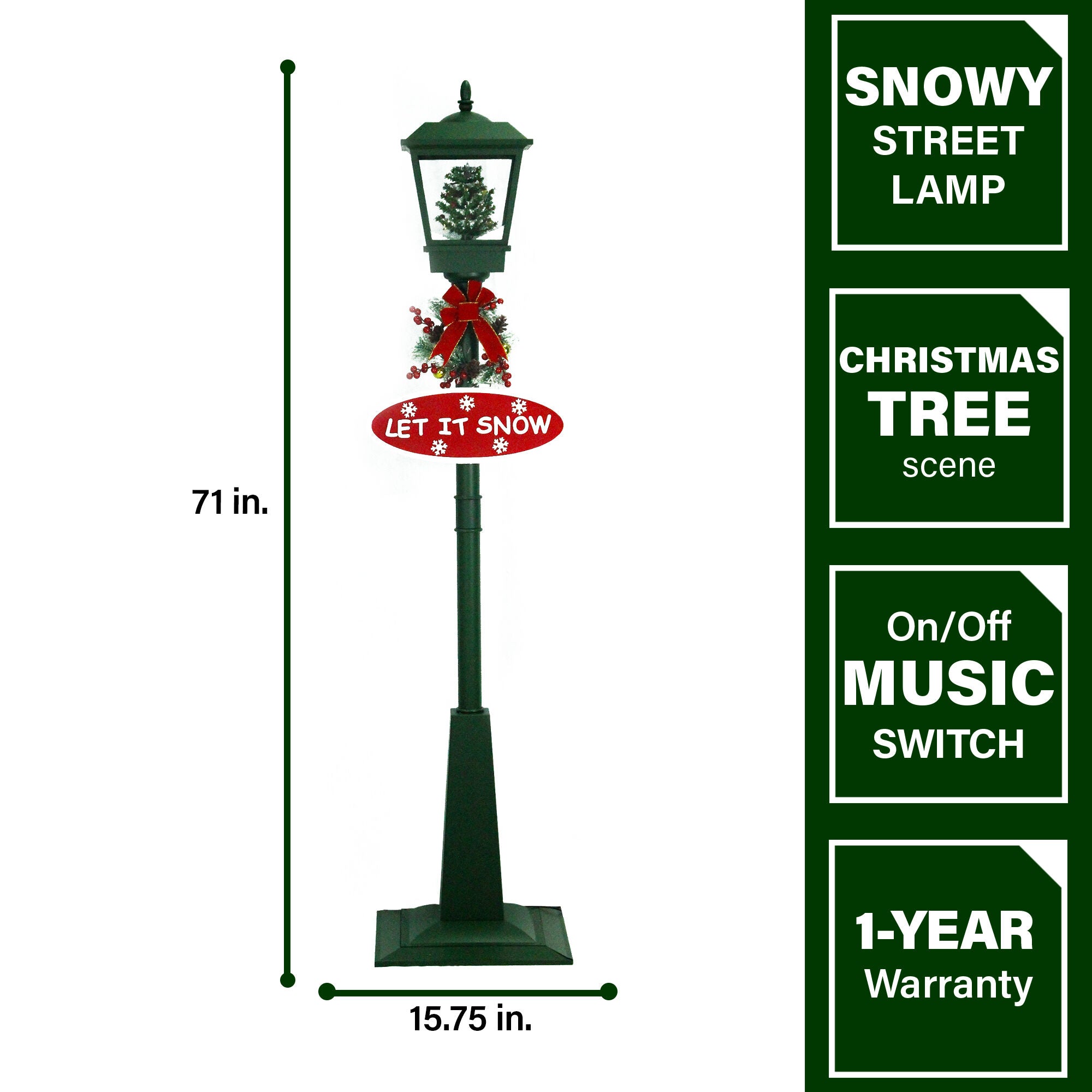 Fraser Hill Farm -  Let It Snow Series 71-In. Square Street Lamp with Christmas Tree, 2 Signs, Cascading Snow, and Holiday Music, Green