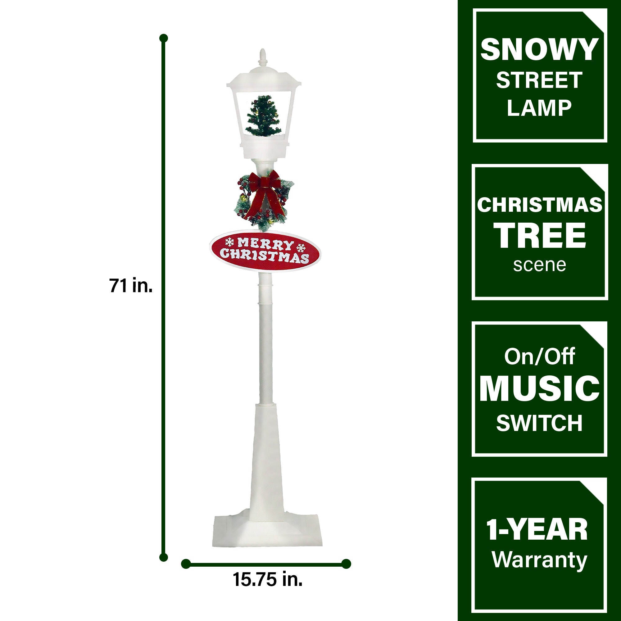 Fraser Hill Farm -  Let It Snow Series 71-In. Square Street Lamp with Christmas Tree, 2 Signs, Cascading Snow, and Holiday Music, White