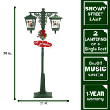 Fraser Hill Farm -  Let It Snow Series 74-In. Dual-Lantern Street Lamp w/ Santa, Snowman Family, 1 Sign, Cascading Snow, Christmas Music, Green