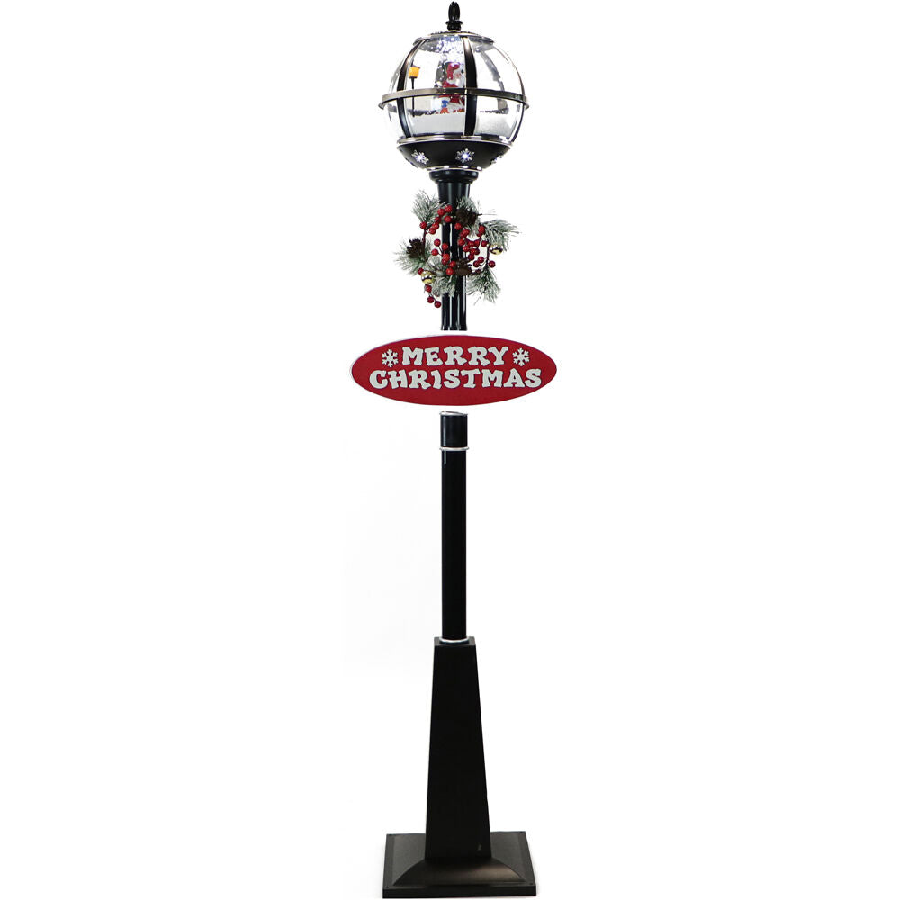 Fraser Hill Farm -  Let It Snow Series 69-In. Musical Snow Globe Lamp Post with Santa Claus, 2 Signs, Cascading Snow, and Christmas Carols, Black