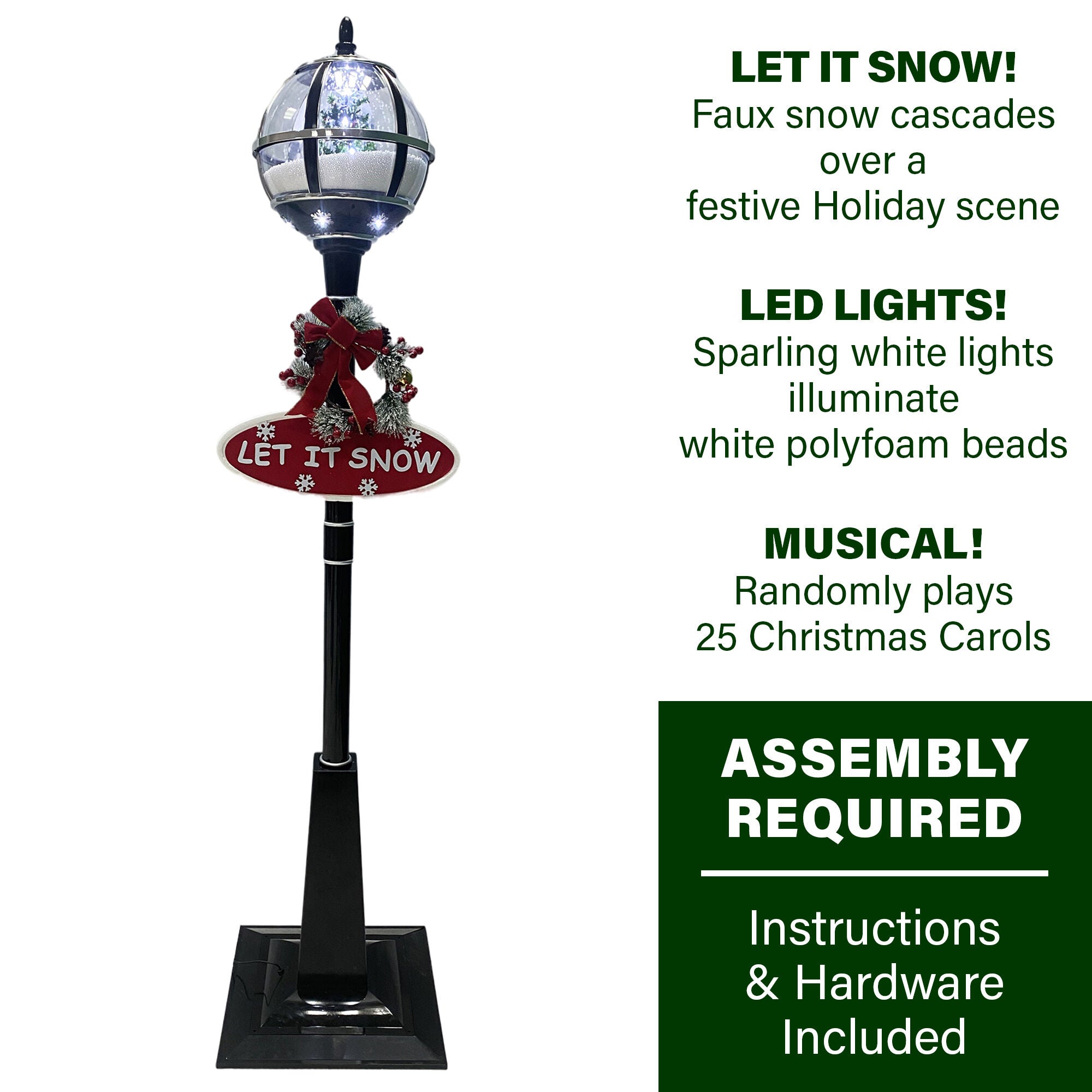 Fraser Hill Farm -  Let It Snow Series 69-In. Musical Snow Globe Lamp Post with Tree Scene, 2 Signs, Cascading Snow, and Christmas Carols, Black