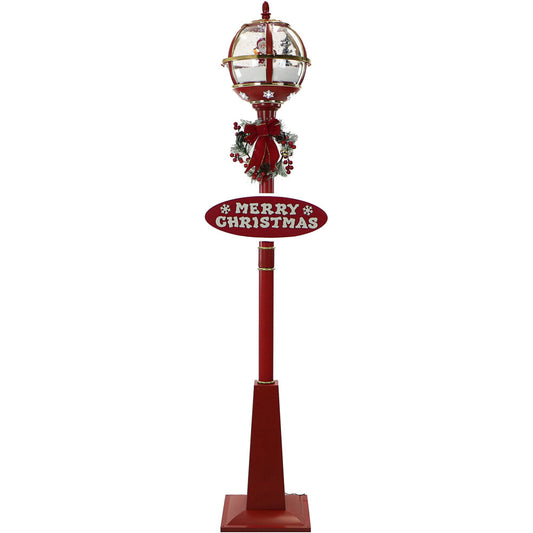 Fraser Hill Farm -  Let It Snow Series 69-In. Musical Snow Globe Lamp Post with Santa Claus, 2 Signs, Cascading Snow, and Christmas Carols, Red