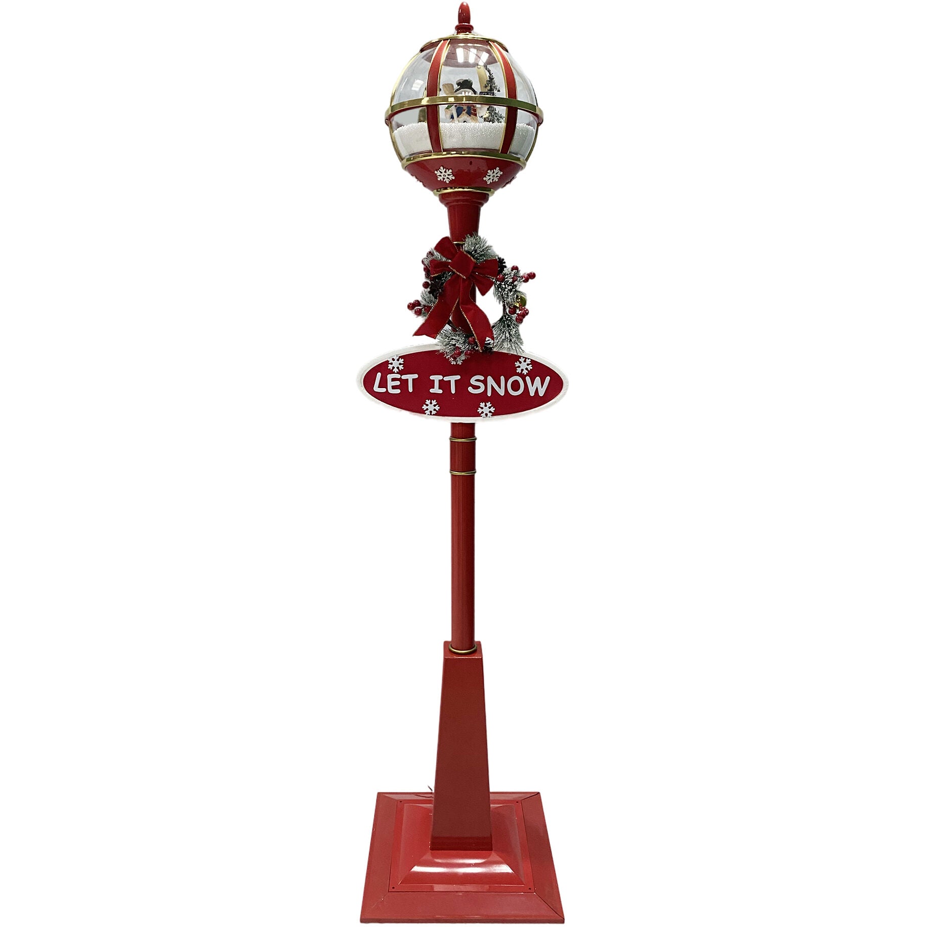 Fraser Hill Farm -  Let It Snow Series 69-In. Musical Snow Globe Lamp Post with Snowman, 2 Signs, Cascading Snow, and Christmas Carols, Red