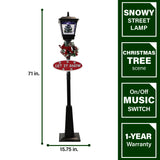 Fraser Hill Farm -  Let It Snow Series 71-In. Musical Street Lamp in Black with Christmas Tree, 2 Signs, Cascading Snow, and Holiday Music