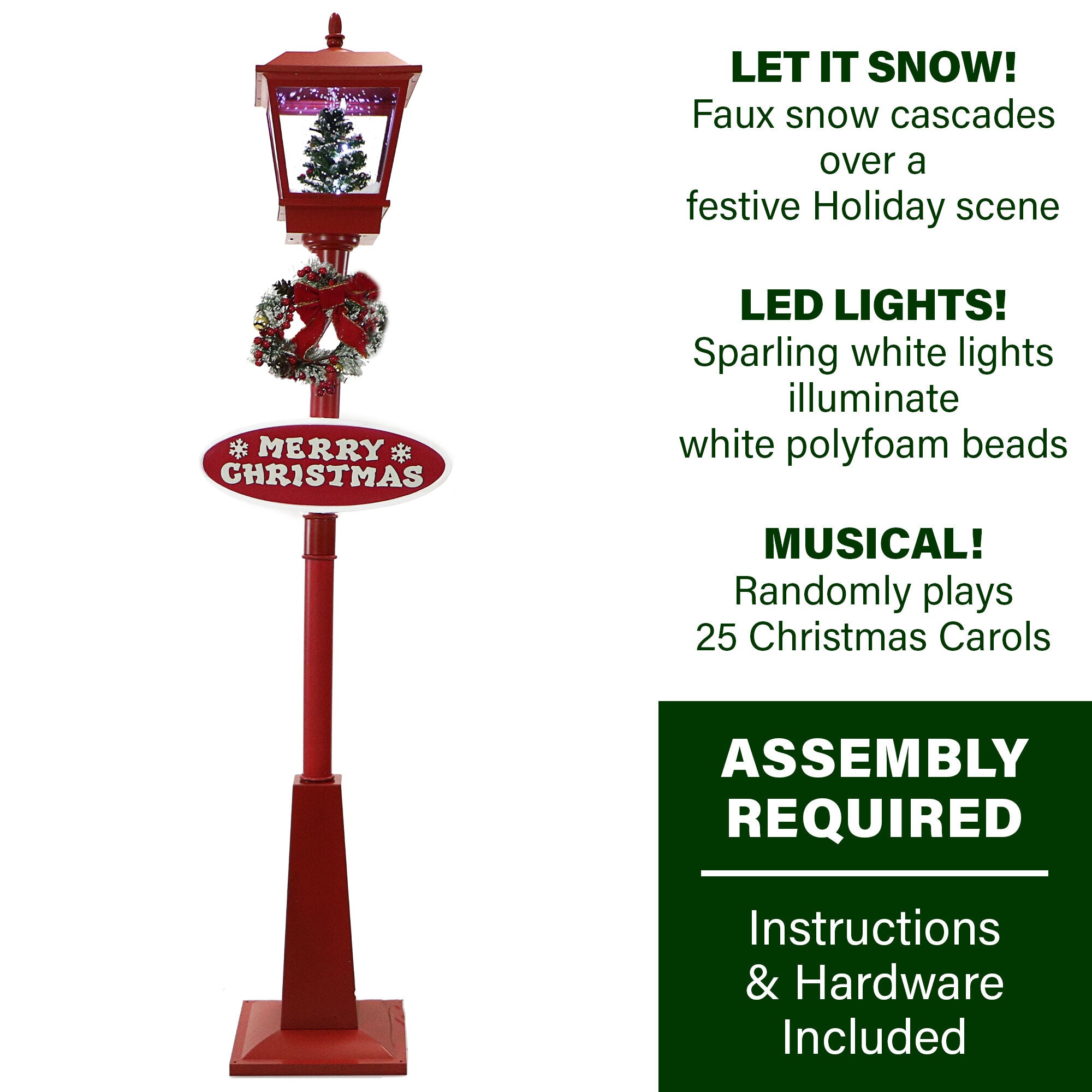 Fraser Hill Farm -  Let It Snow Series 71-In. Musical Snowy Street Lamp in Red with Christmas Tree Scene and Merry Christmas Sign