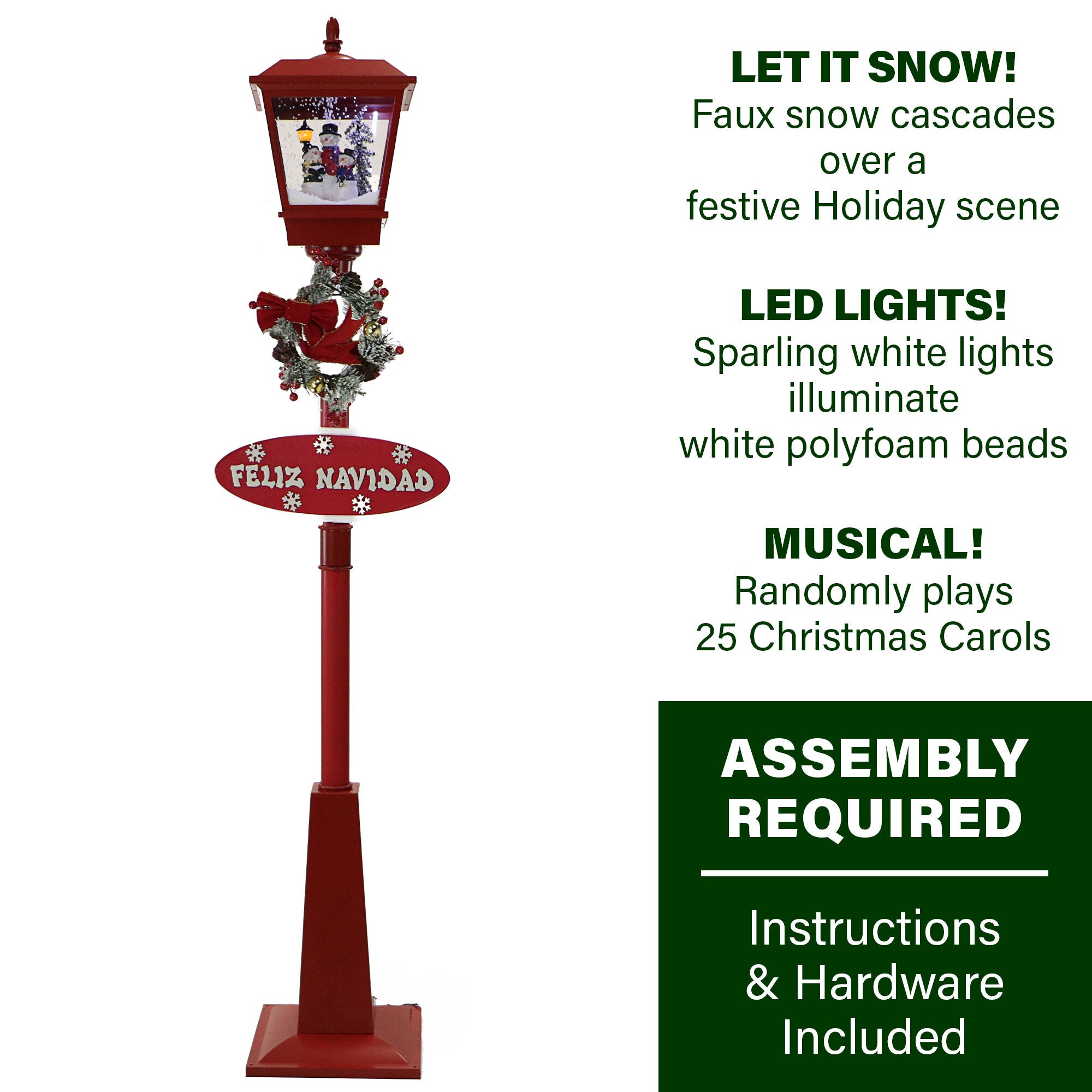 Fraser Hill Farm -  Let It Snow Series 71-In. Musical Snowy Street Lamp in Red with Snowman Family, Feliz Navidad Sign, and Let it Snow Sign