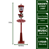 Fraser Hill Farm -  Let It Snow Series 71-In. Musical Snowy Street Lamp in Red with Snowman Family, Feliz Navidad Sign, and Let it Snow Sign