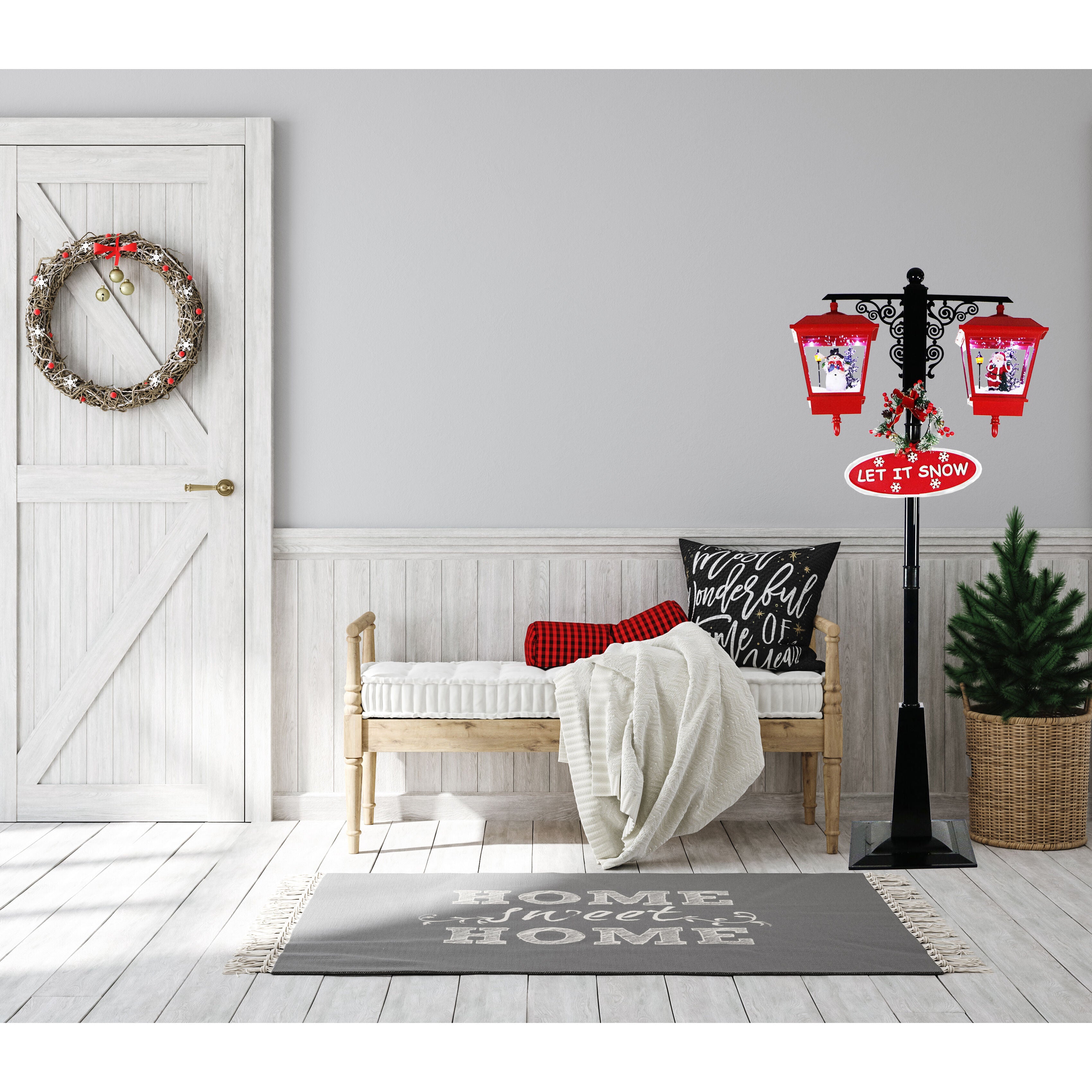 Fraser Hill Farm -  Let It Snow Series 71-In. Dual-Lantern Street Lamp w/ Santa, Snowman, 1 Sign, Cascading Snow, Christmas Music, Red/Black