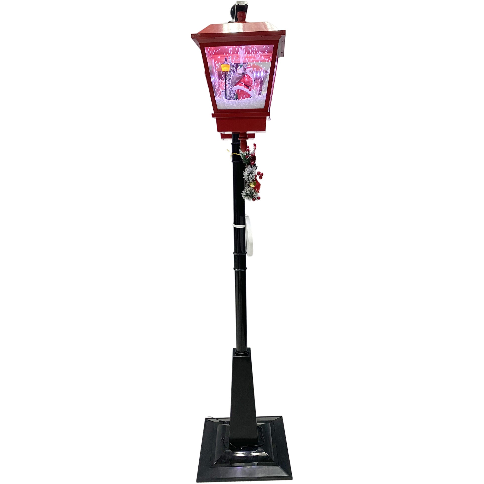 Fraser Hill Farm -  Let It Snow Series 74-In. Double Lantern Street Lamp w/ Santa Claus, Christmas Tree, 1 Sign, Cascading Snow, Music, Red/Black