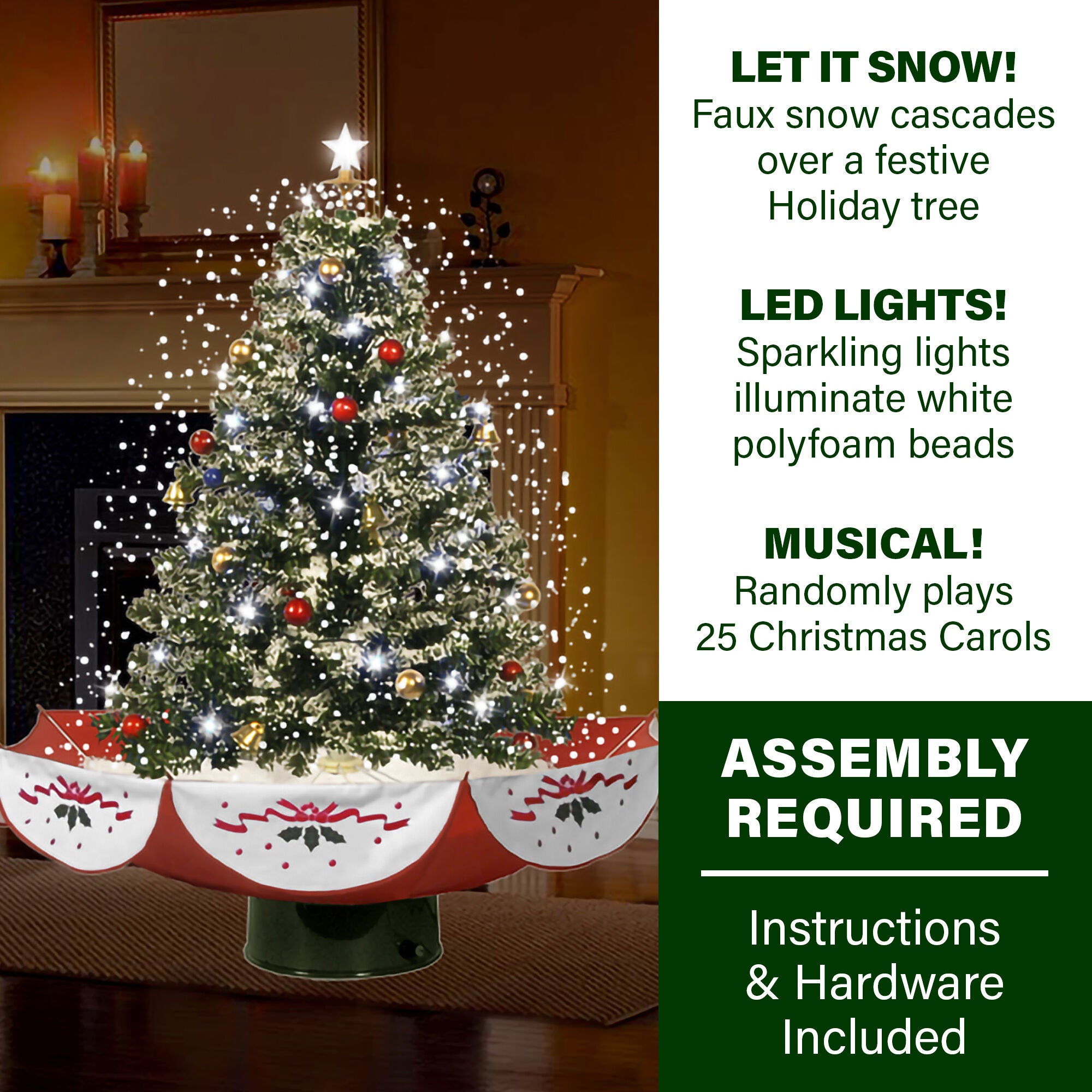 Fraser Hill Farm -  Let It Snow Series 29-In. Green Snowy Tree with Red Umbrella Base, Snow Function, Music, Decorations, and Lights