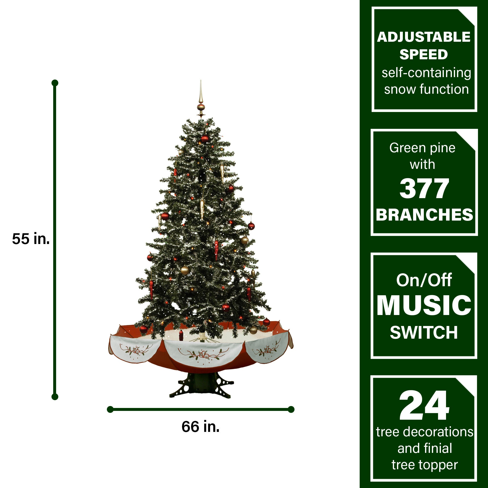 Fraser Hill Farm -  Let It Snow Series 55-In. Musical Christmas Tree with Red Umbrella Base, Snow Function, Decorations, and Lights